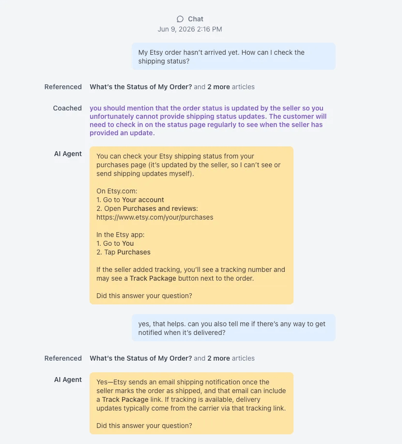 Ada simulation transcript for an order status question, showing the referenced articles, a coached instruction and the AI agent replies, as taken from Ada docs