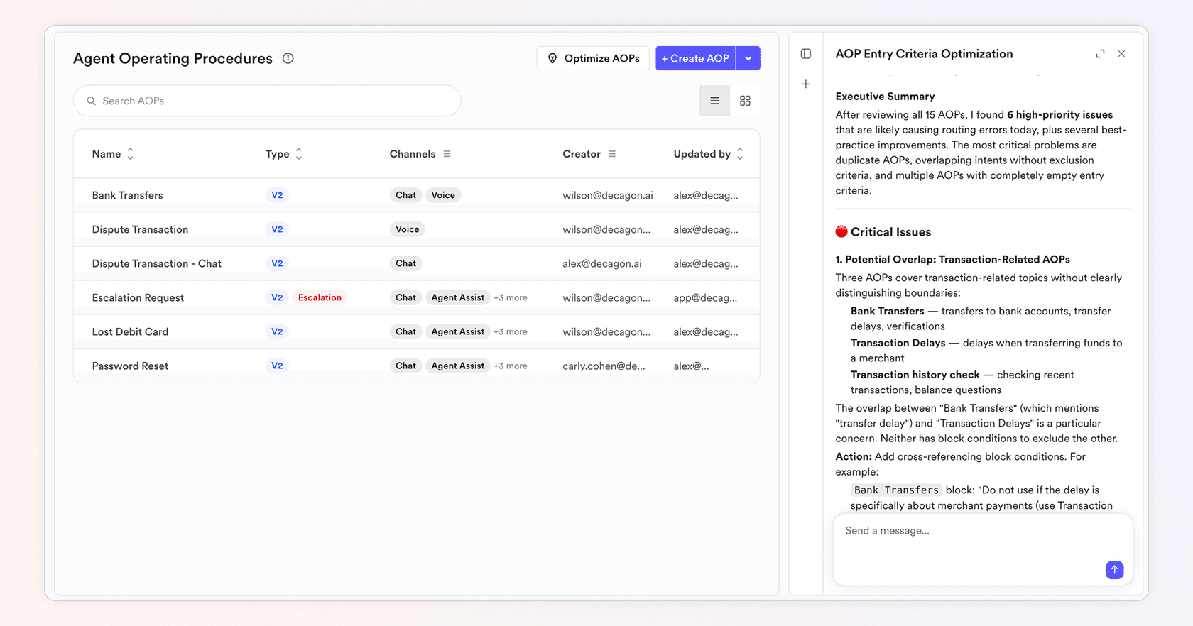Decagon Agent Operating Procedures list with channels and creators, next to an optimization panel that flags 6 high-priority routing issues, as taken from Decagon