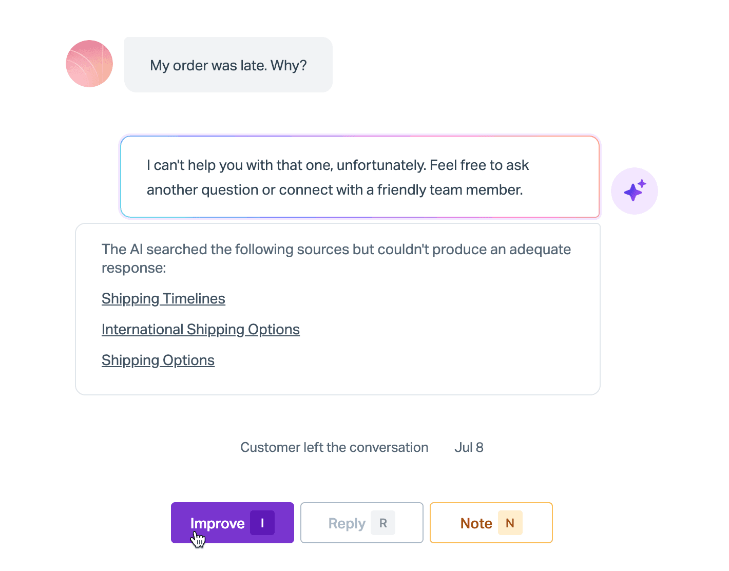 Help Scout AI Answers conversation where the AI could not answer "My order was late. Why?", listing the three help articles it searched, with Improve, Reply and Note buttons, as taken from Help Scout docs
