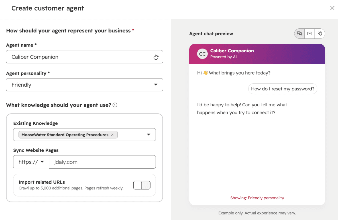 HubSpot Create customer agent window with agent name, personality, existing knowledge and website sync settings next to a live agent chat preview, as taken from HubSpot's knowledge base