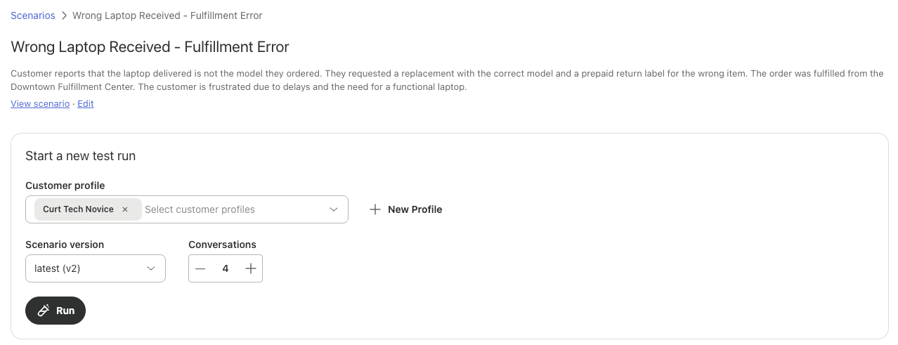 Zendesk conversation simulator starting a test run for a Wrong Laptop Received scenario, with a customer profile, scenario version and number of conversations, as taken from Zendesk's help center