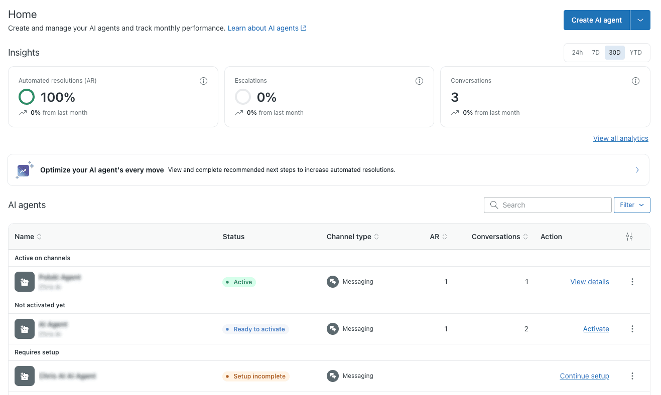 Zendesk AI agents home screen showing 100% automated resolutions and 0% escalations on 3 conversations over 30 days, as taken from Zendesk's help center