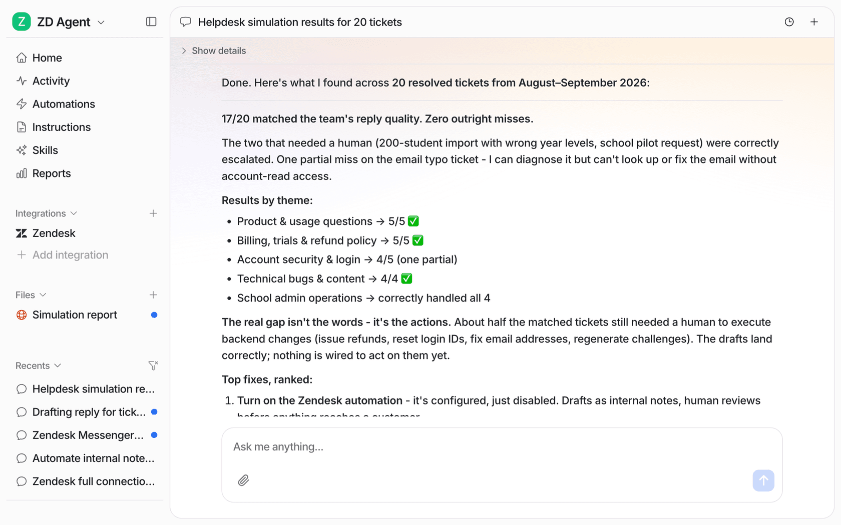 eesel helpdesk simulation results for 20 resolved Zendesk tickets: 17 of 20 matched the team's reply quality, with a note that about half the matched tickets still needed a human to run backend changes like refunds and login resets