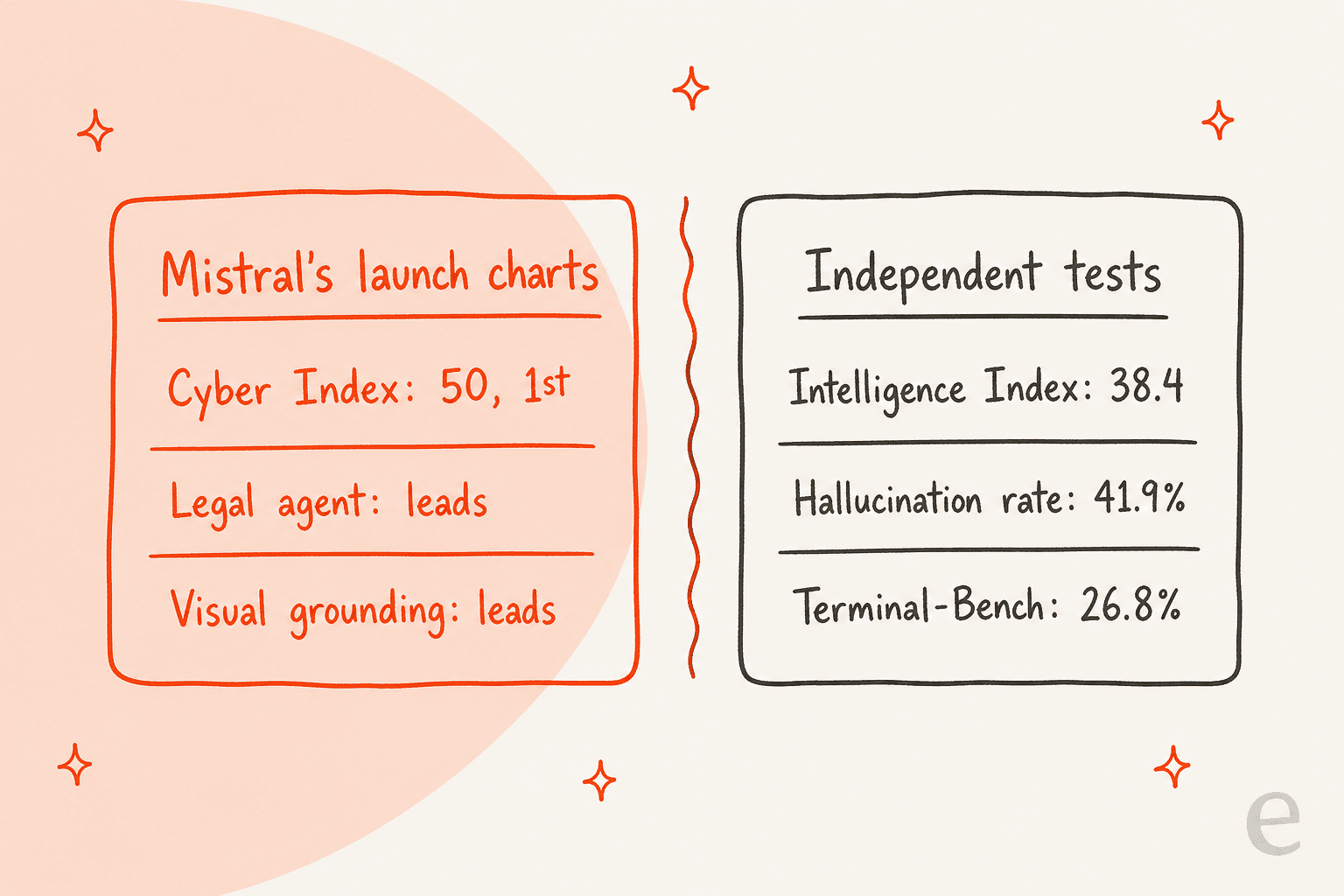 Hand-drawn two-panel comparison: Mistral's launch charts show Cyber Index 50 in first place, a lead on the legal agent test and on visual grounding; independent tests show an Intelligence Index of 38.4, a 41.9% hallucination rate and 26.8% on Terminal-Bench