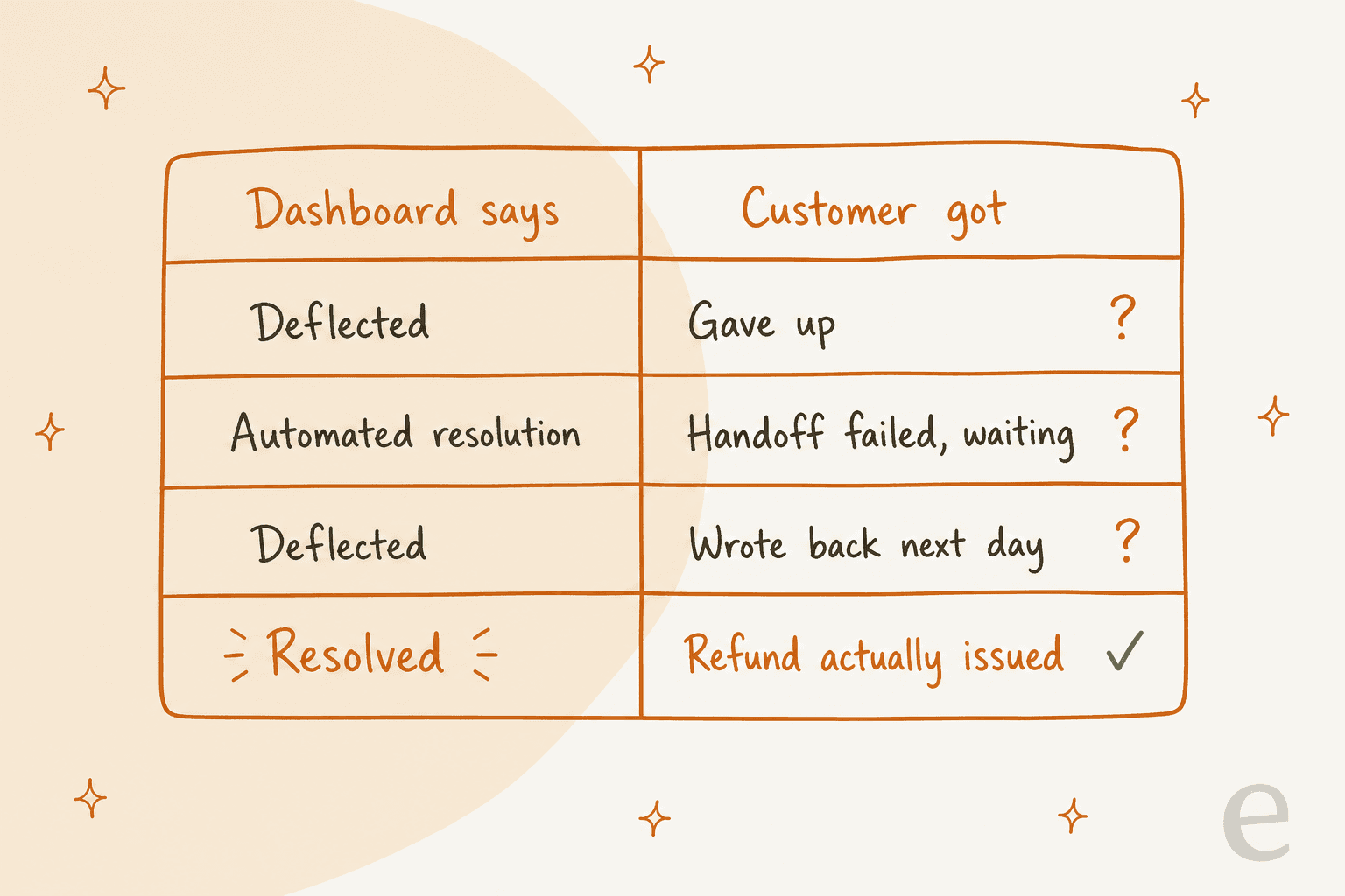 Hand-drawn table comparing what the dashboard says with what the customer got: Deflected but the customer gave up, Automated resolution but the handoff failed and they are waiting, Deflected but they wrote back next day, and Resolved where a refund was actually issued