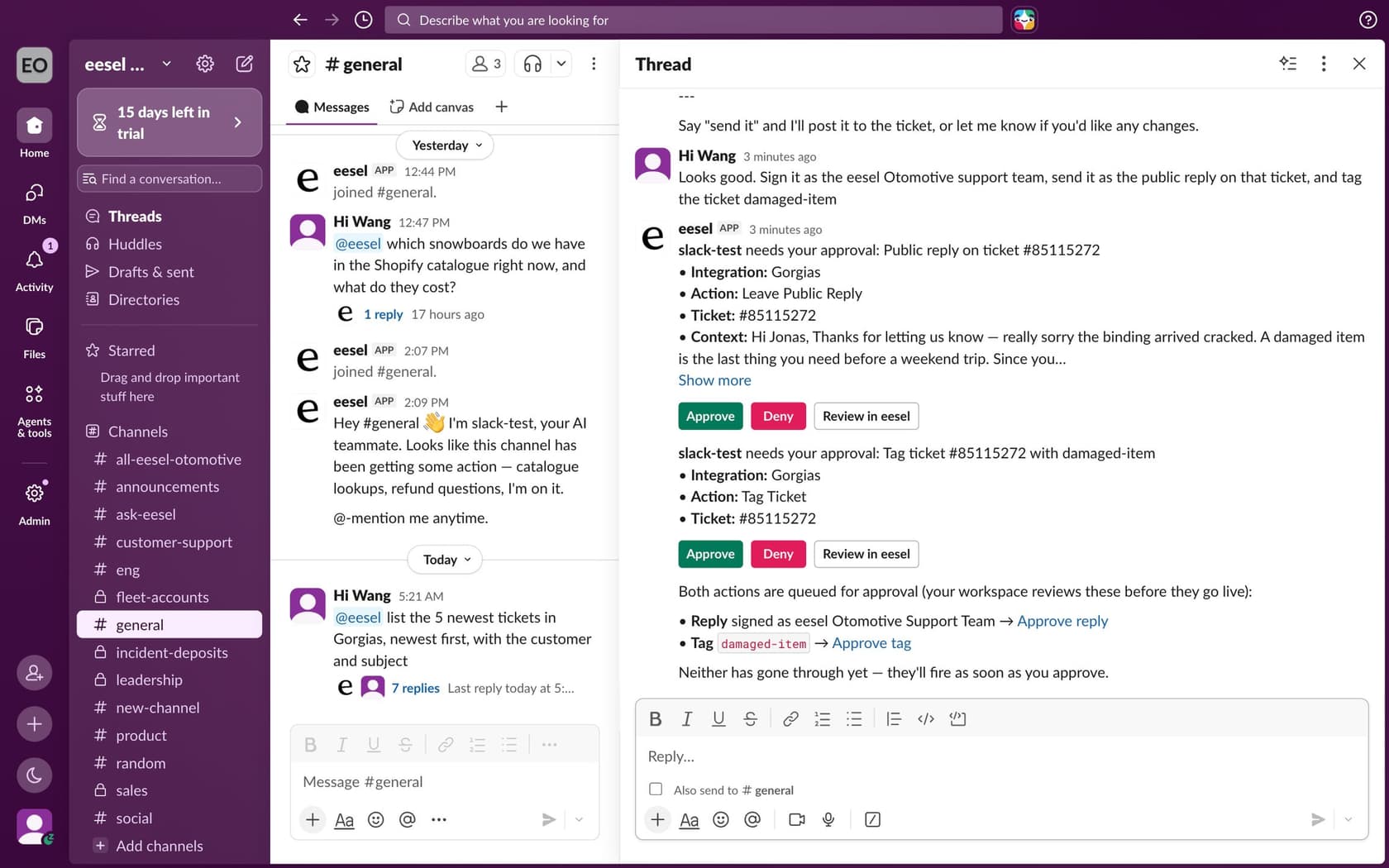 A Slack thread where eesel asks for approval to leave a public reply and add a damaged-item tag on a Gorgias ticket, each card with Approve, Deny and Review in eesel buttons, as taken from the eesel docs