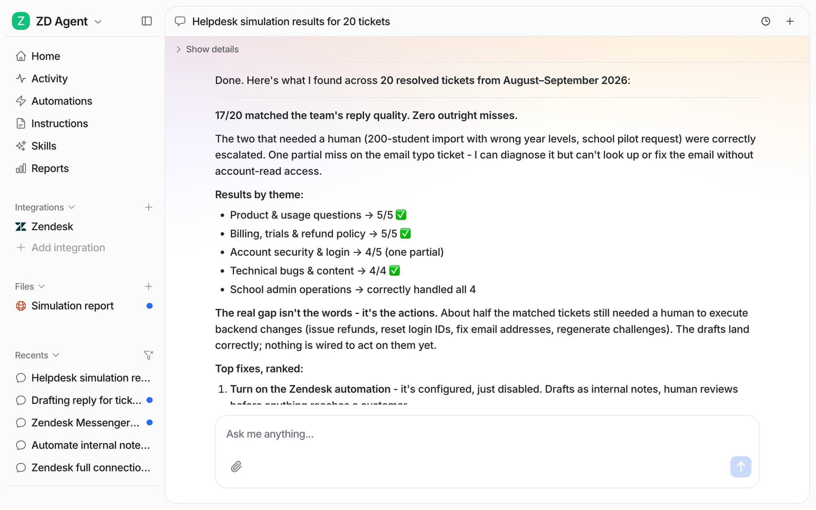 eesel helpdesk simulation results for 20 resolved Zendesk tickets: 17 of 20 matched the team's reply quality, with results by theme and ranked fixes, as taken from the eesel docs