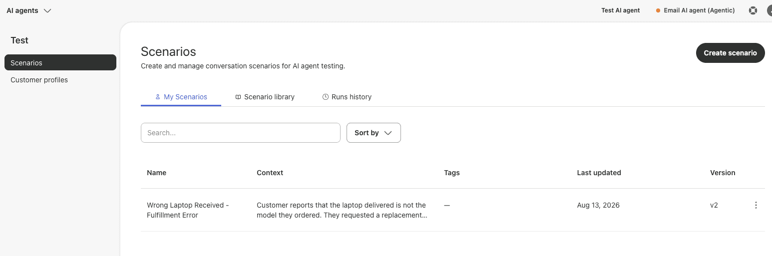 Zendesk AI agents conversation simulator Scenarios tab, where test scenarios such as a wrong laptop received are written by hand, as taken from Zendesk's help center