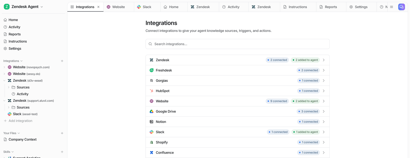 eesel's Integrations page listing connected Zendesk, Freshdesk, Gorgias, HubSpot, Website, Google Drive, Notion, Slack, Shopify and Confluence connections