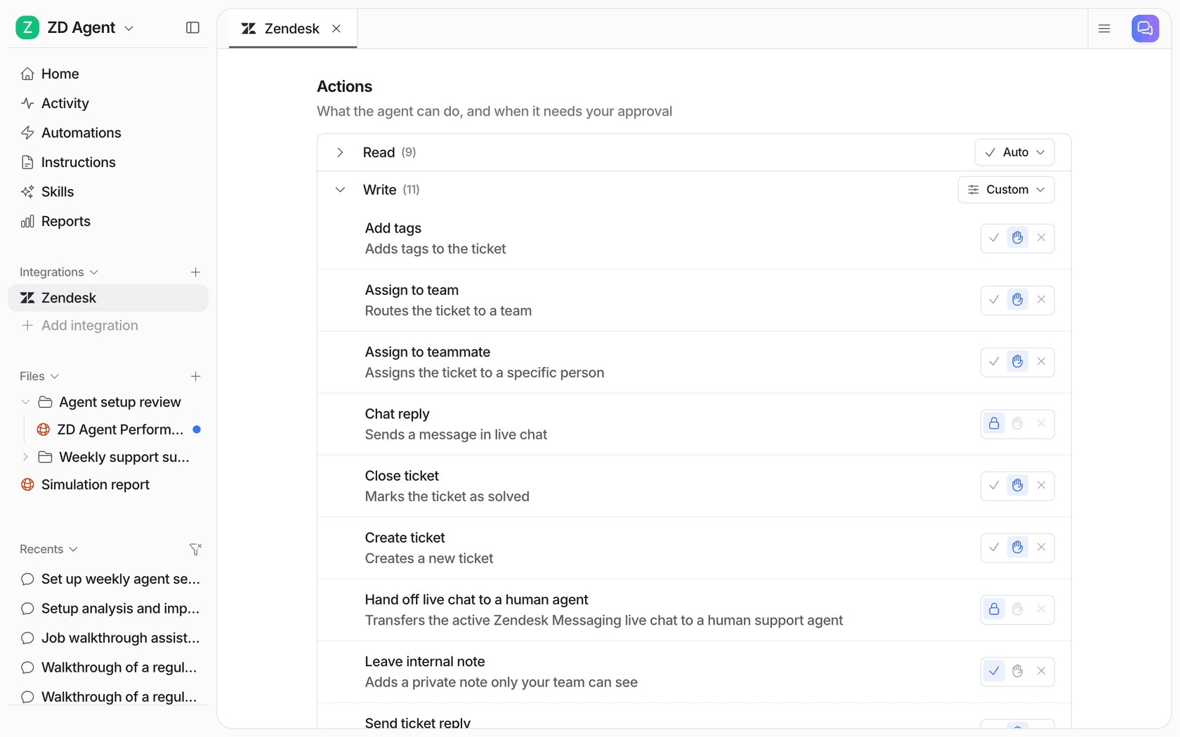eesel's Zendesk actions panel with the Write group set to Custom: tagging, assigning and closing tickets on Needs approval, and Leave internal note on Auto