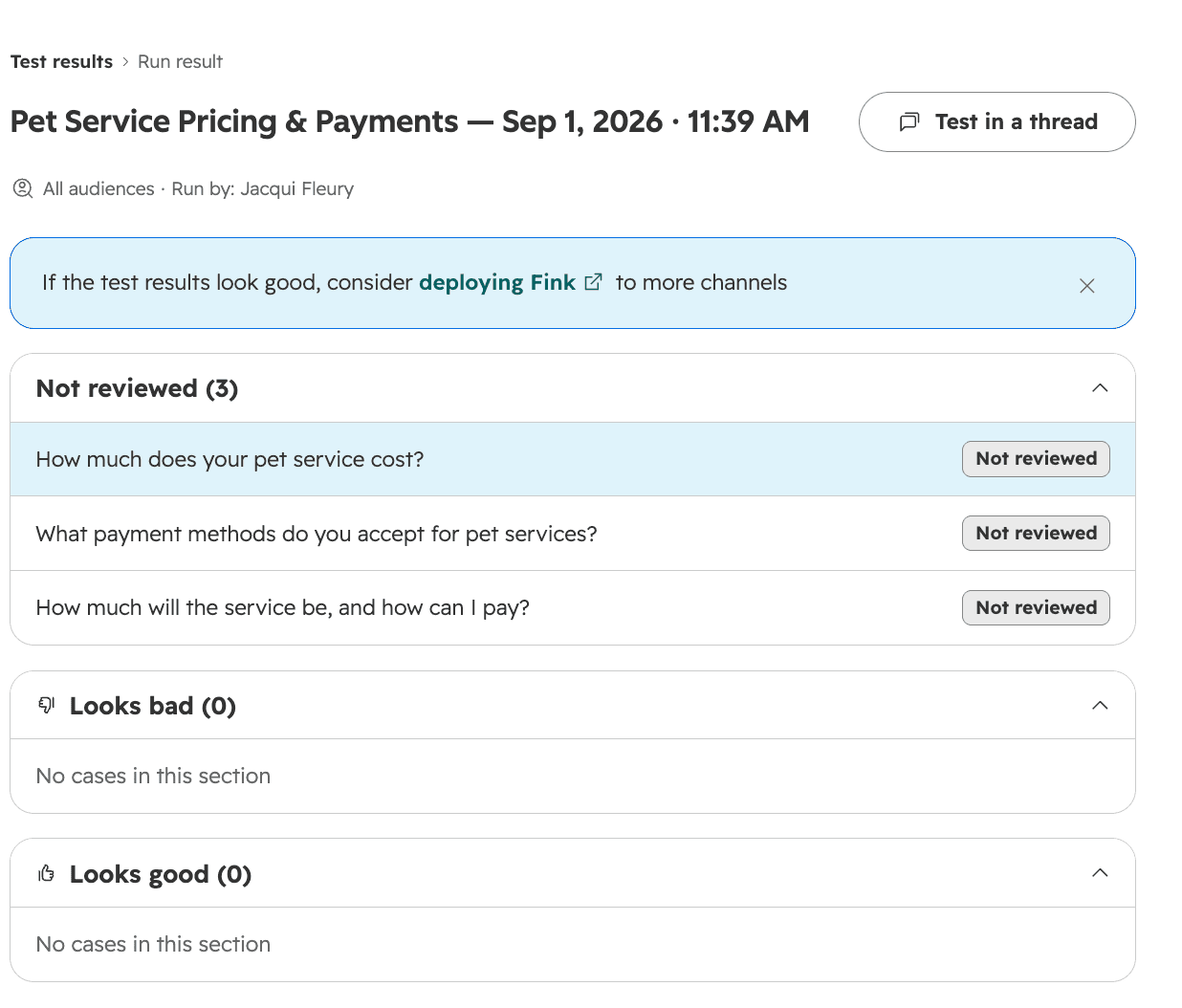 HubSpot customer agent batch test run result for "Pet Service Pricing & Payments", with three questions not yet reviewed and empty "Looks bad" and "Looks good" sections, as taken from HubSpot's knowledge base