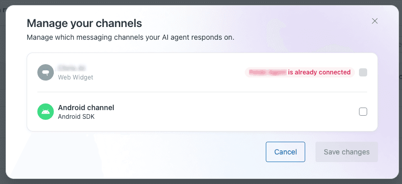 Zendesk Manage your channels dialog where the Web Widget row is greyed out with an already connected label and a disabled checkbox, showing that only one AI agent can be active on a channel, as taken from Zendesk's help center