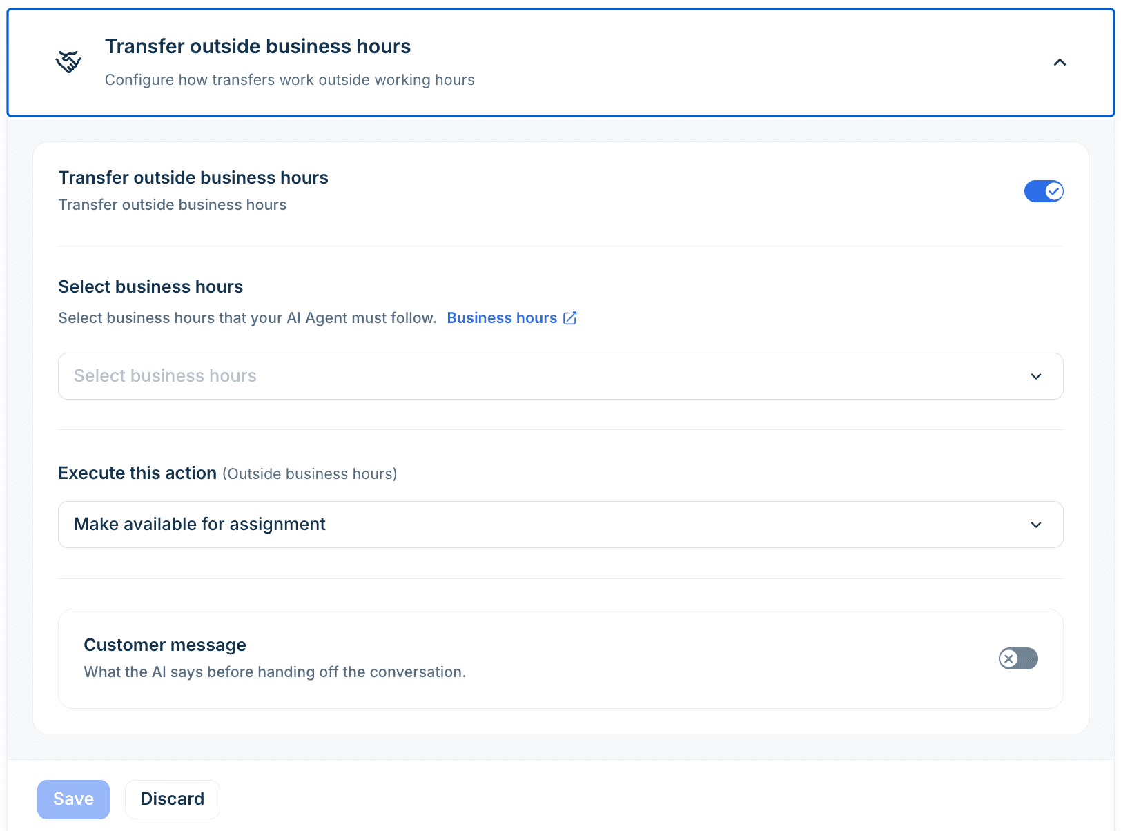 Freshdesk's Transfer outside business hours panel with the toggle switched on, a Select business hours dropdown, the action set to Make available for assignment, and a Customer message toggle, as taken from Freshdesk's support site