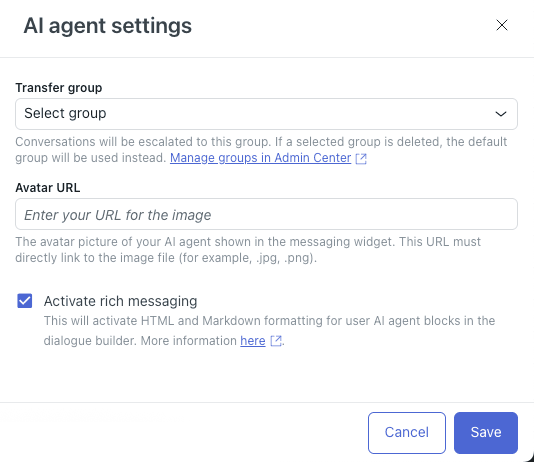 Zendesk's AI agent settings dialog with a Transfer group dropdown and helper text saying conversations will be escalated to this group and that the default group is used if the selected group is deleted, as taken from Zendesk's help center