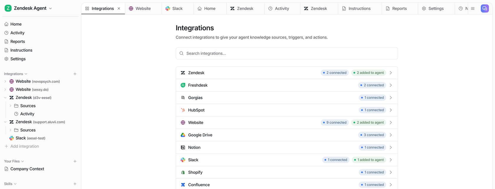 eesel integrations page listing Zendesk, Freshdesk, Gorgias, HubSpot, Website, Google Drive, Notion, Slack, Shopify and Confluence with their connection status