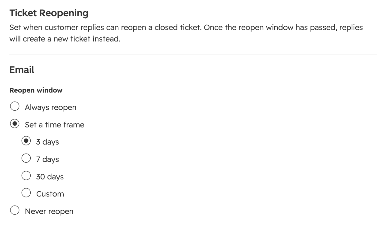 HubSpot Ticket Reopening setting with Always reopen, Set a time frame (3, 7, 30 days or custom) and Never reopen options, as taken from HubSpot