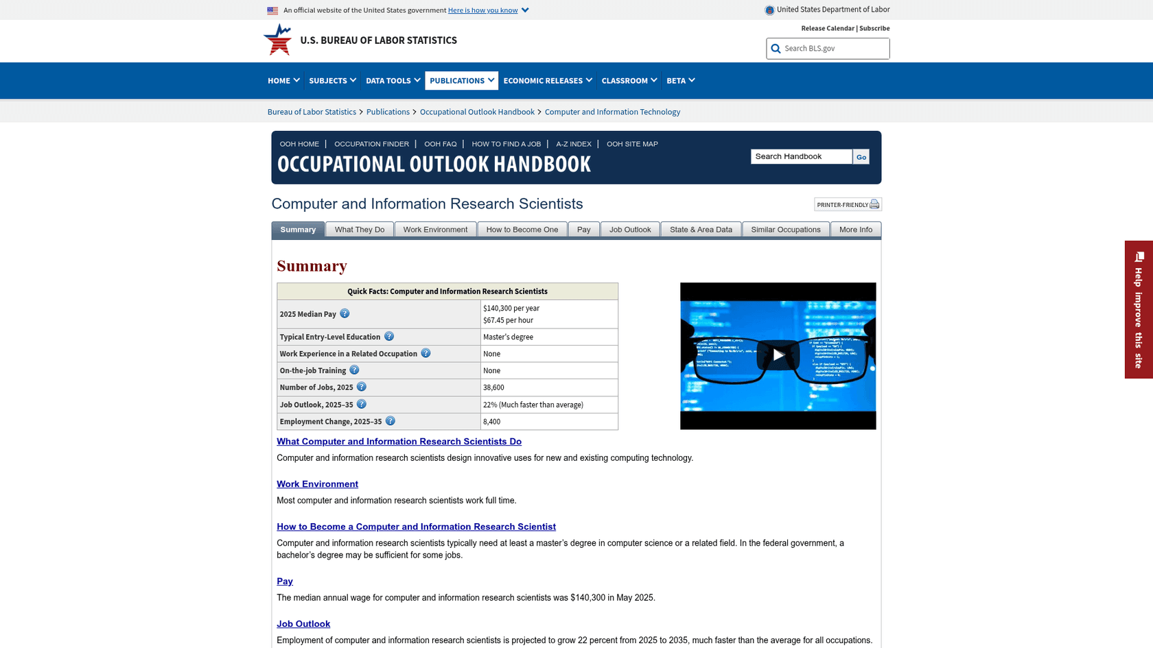 BLS Occupational Outlook Handbook summary for computer and information research scientists, as taken from the Bureau of Labor Statistics