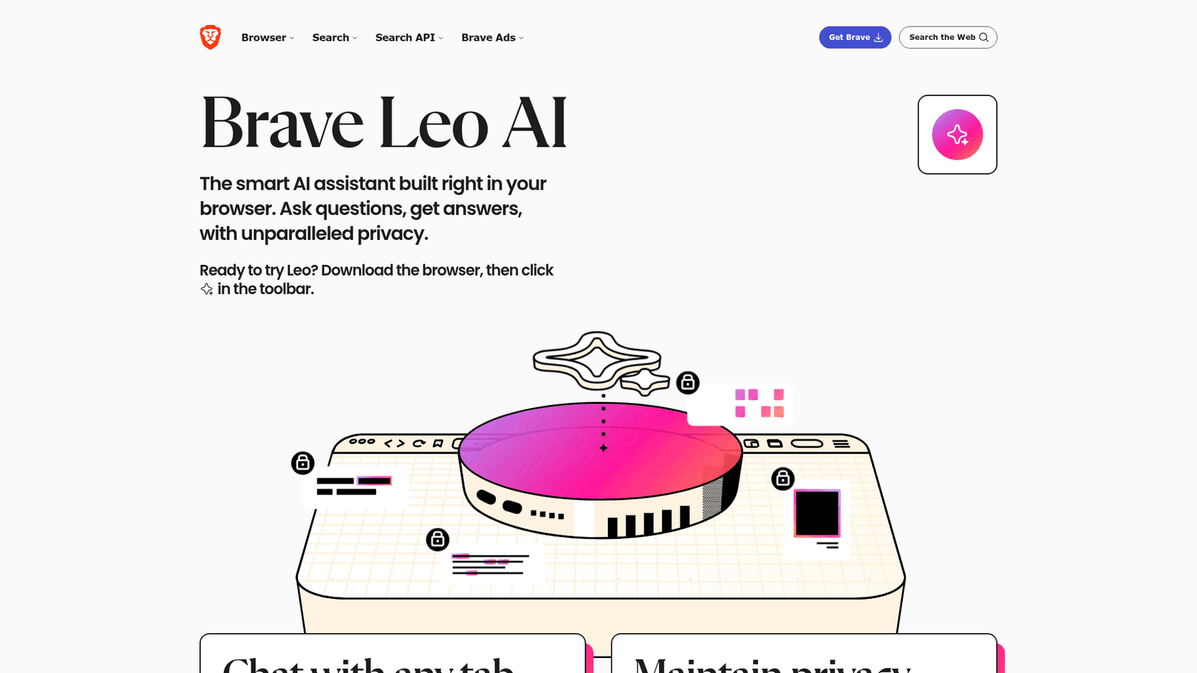 Brave's Leo AI page describing the built-in assistant and its privacy stance, as taken from Brave