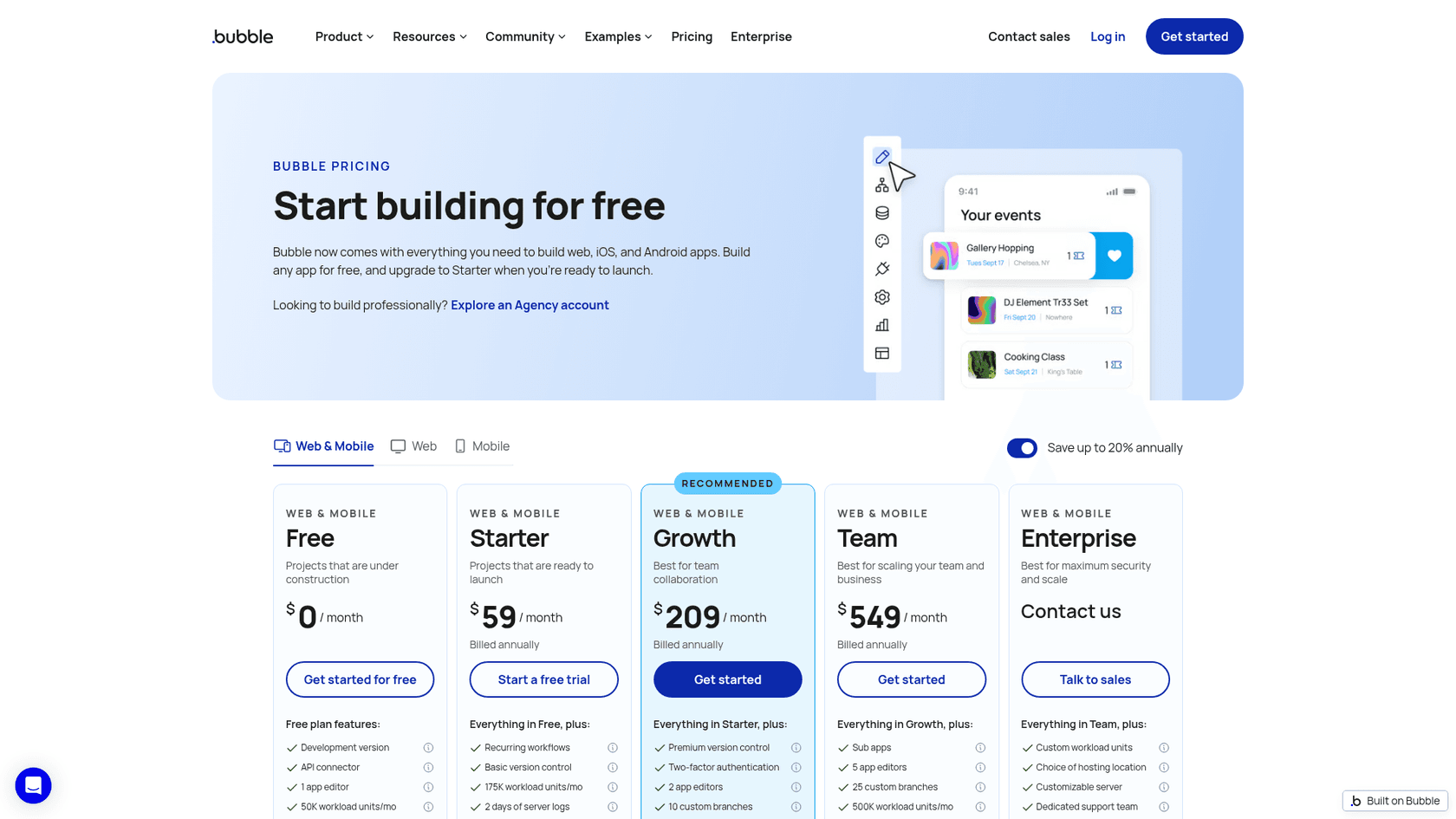 Bubble pricing page showing the Web & Mobile plans from Free to Enterprise, as taken from Bubble