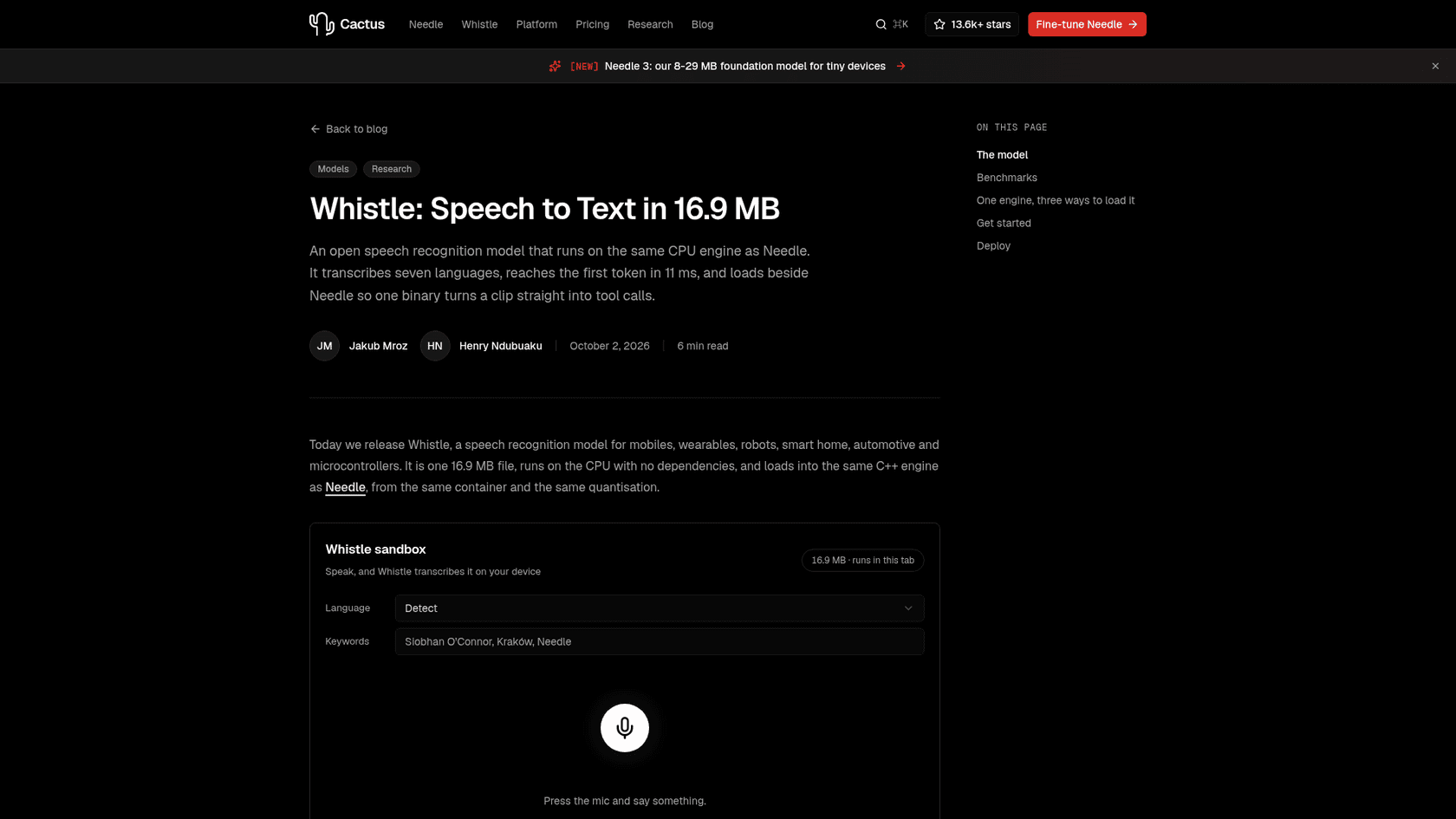 Whistle launch post on the Cactus site with a browser sandbox for live transcription, language detection and keywords, as taken from Cactus Compute