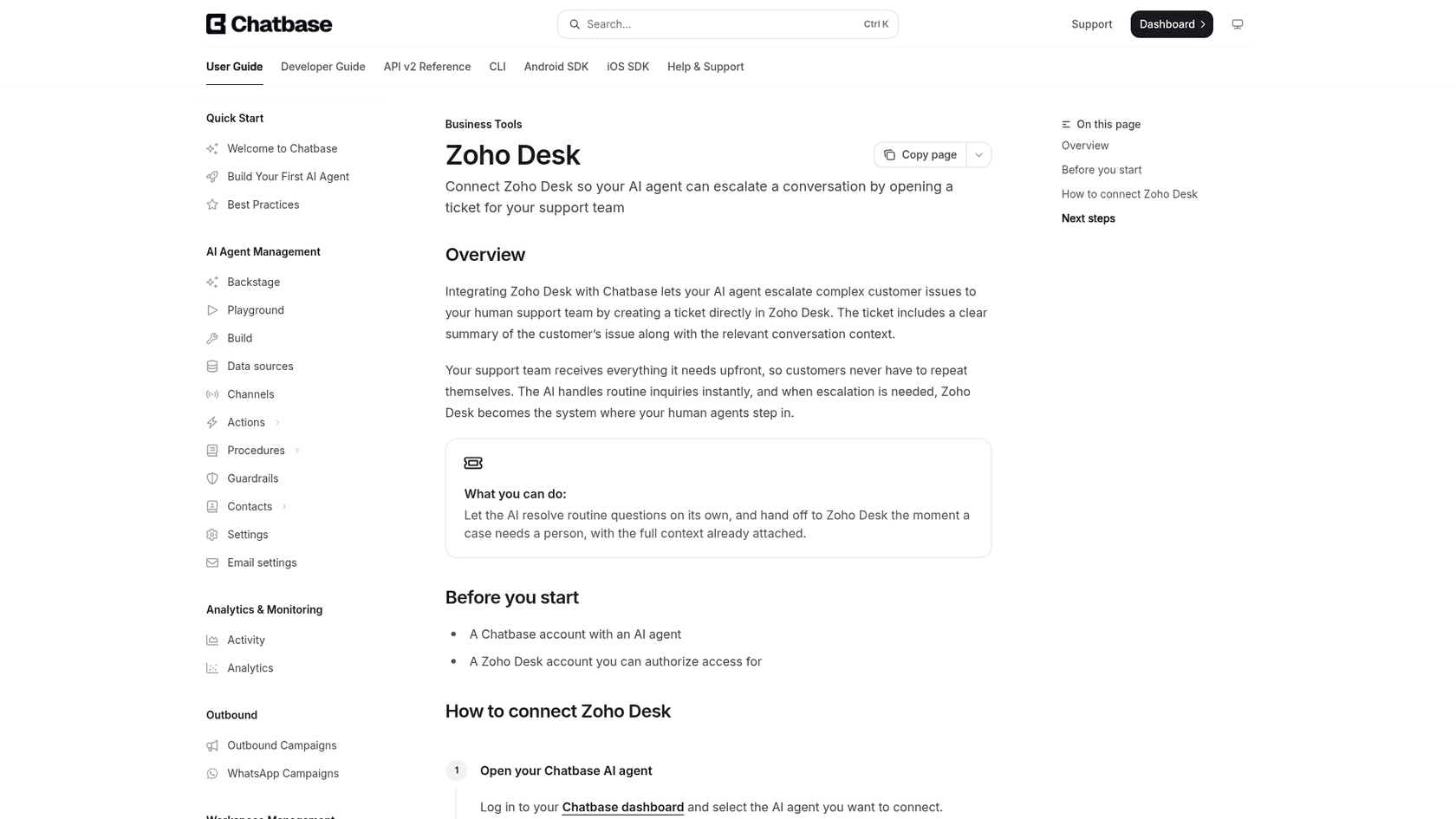 Chatbase documentation page for the Zoho Desk integration, which escalates conversations by opening a ticket, as taken from Chatbase docs