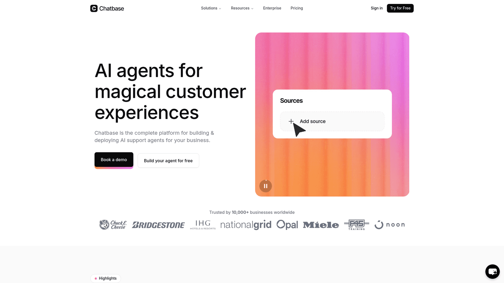 Chatbase homepage hero with the chat sources sidebar visible