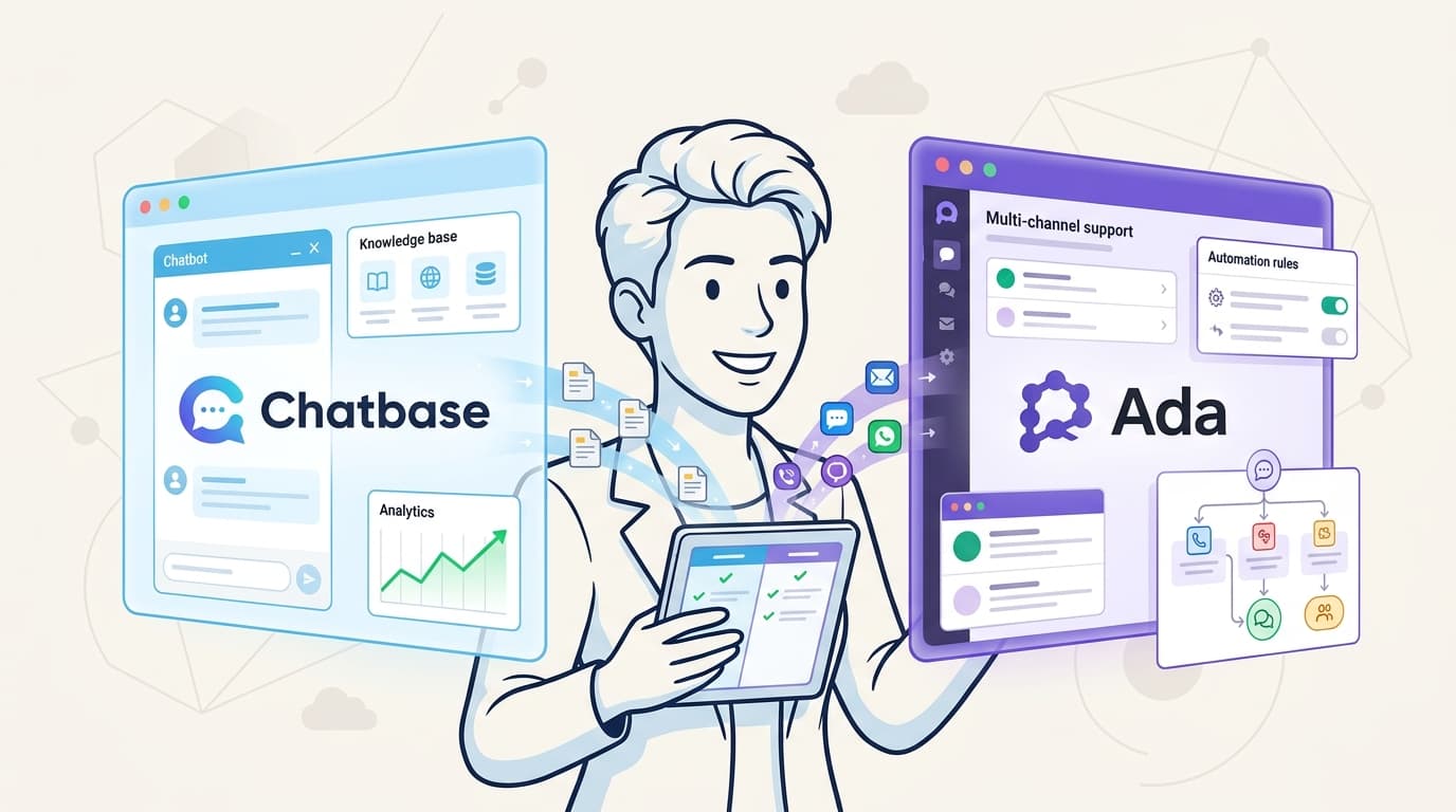Editorial illustration showing two AI support dashboards side by side, one self-serve and one enterprise, with a small message badge between them