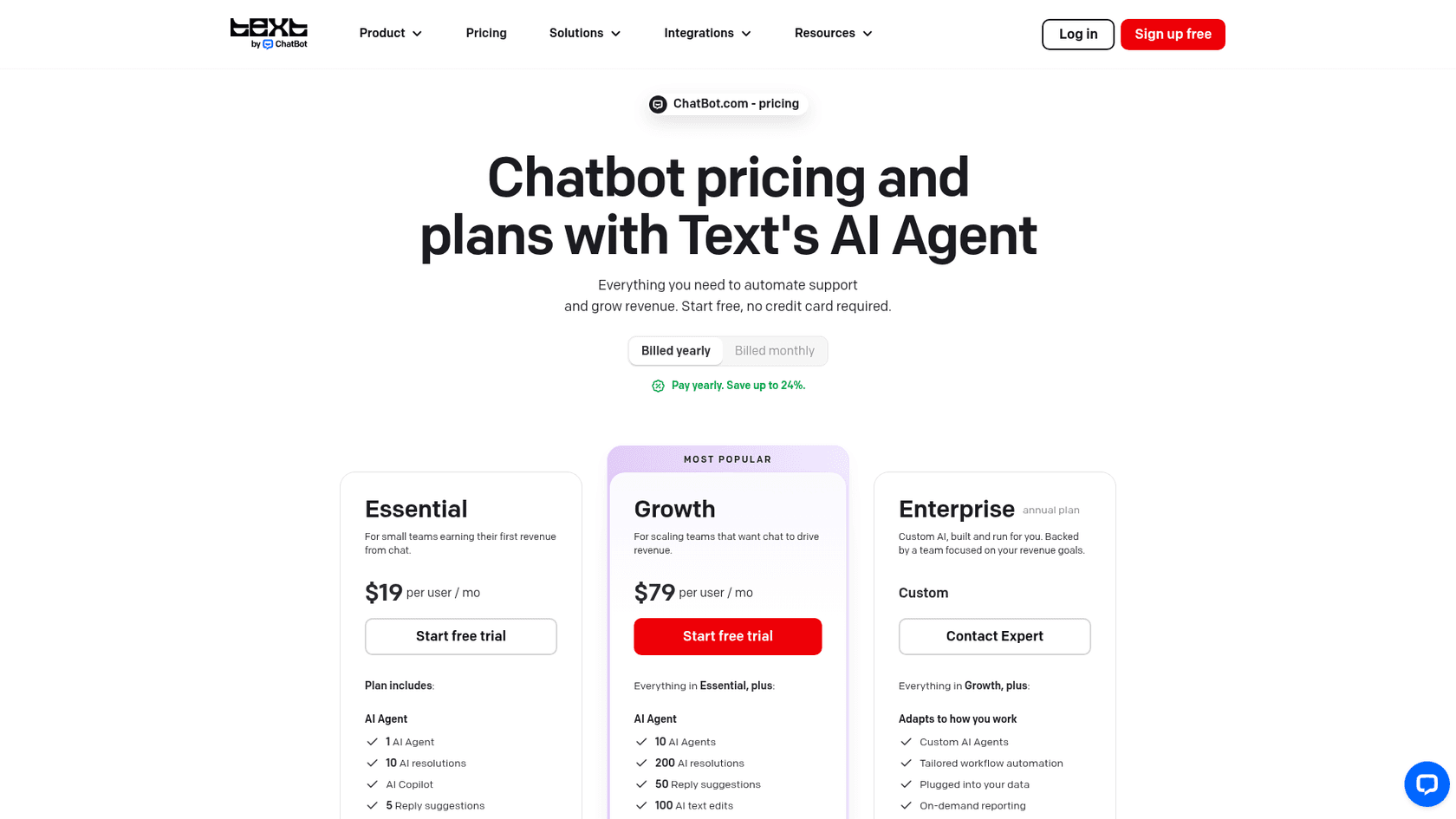 ChatBot.com pricing page with Essential at $19 and Growth at $79 per user per month, as taken from ChatBot.com pricing
