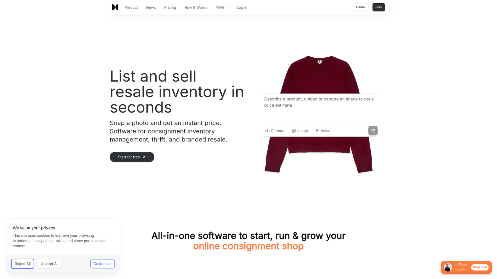 Circular's homepage, with a photo upload box that returns a price estimate, as taken from Circular
