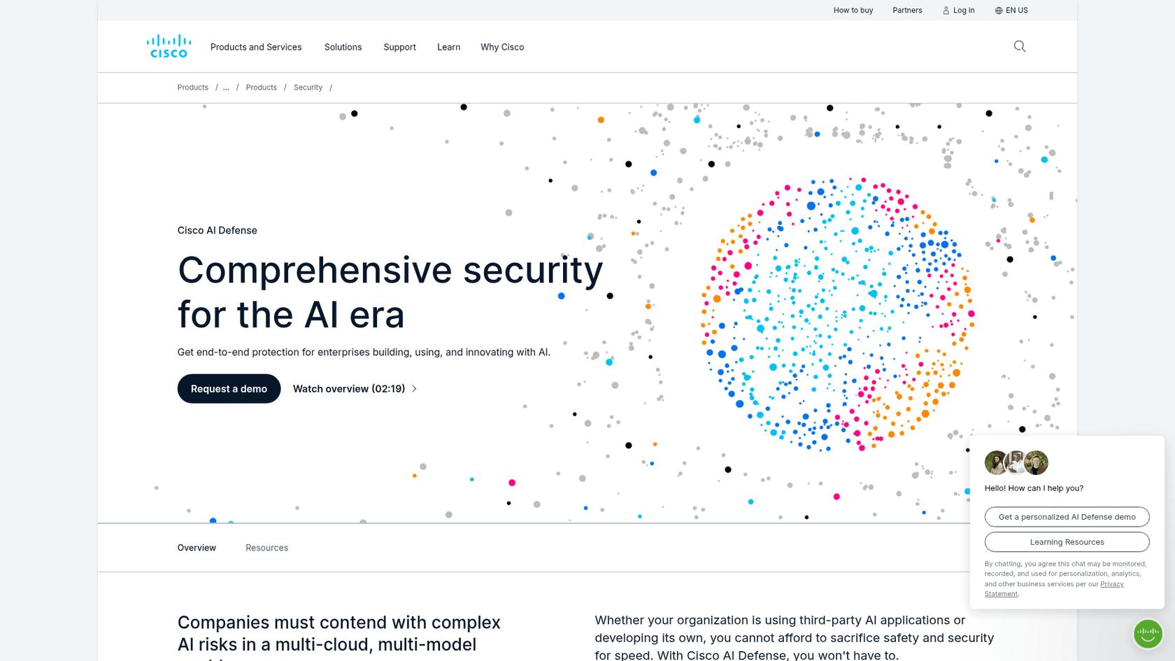 Cisco AI Defense product page with a Request a demo button and no pricing tiers, as taken from Cisco