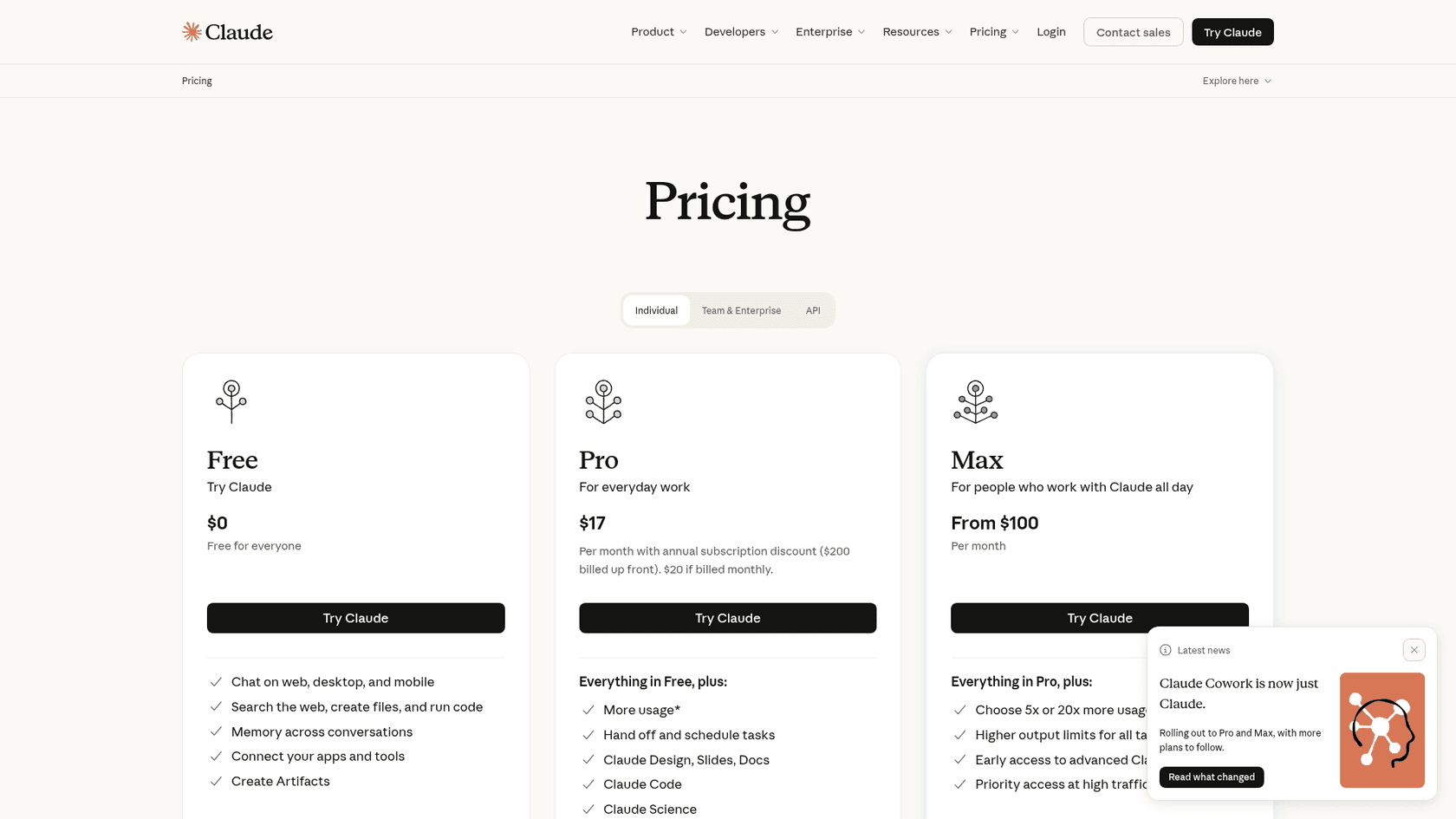 Claude's individual plans on its pricing page, as taken from Claude's site