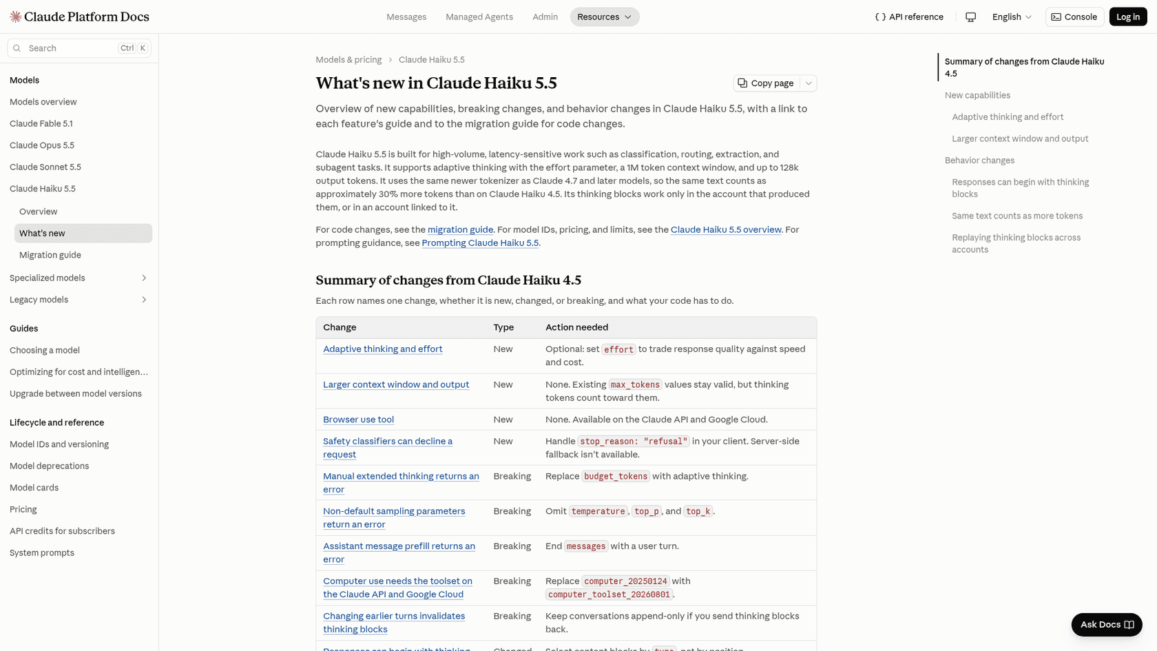 Claude Platform Docs page titled What's new in Claude Haiku 5.5, with a summary table of new, breaking and changed items such as adaptive thinking and effort, larger context window and output, and browser use tool, as taken from Claude Platform Docs