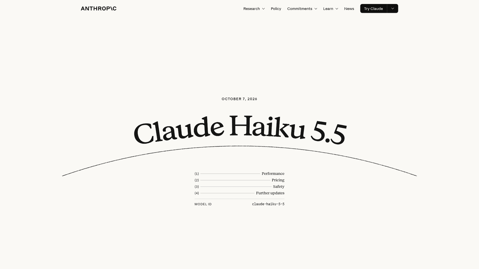 Anthropic's Claude Haiku 5.5 launch page dated October 7, 2026, with sections for performance, pricing, safety and further updates, as taken from Anthropic