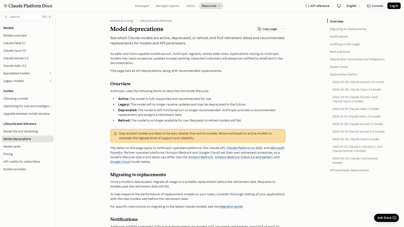 Anthropic's model deprecations page explaining the active, legacy, deprecated and retired lifecycle states, with a deprecation history list, as taken from Claude Platform Docs