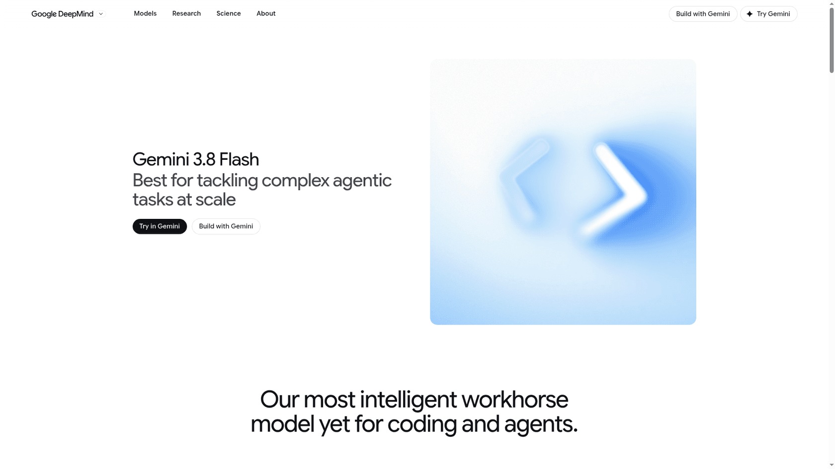 Google DeepMind's Gemini 3.8 Flash page, described as best for tackling complex agentic tasks at scale, as taken from Google DeepMind