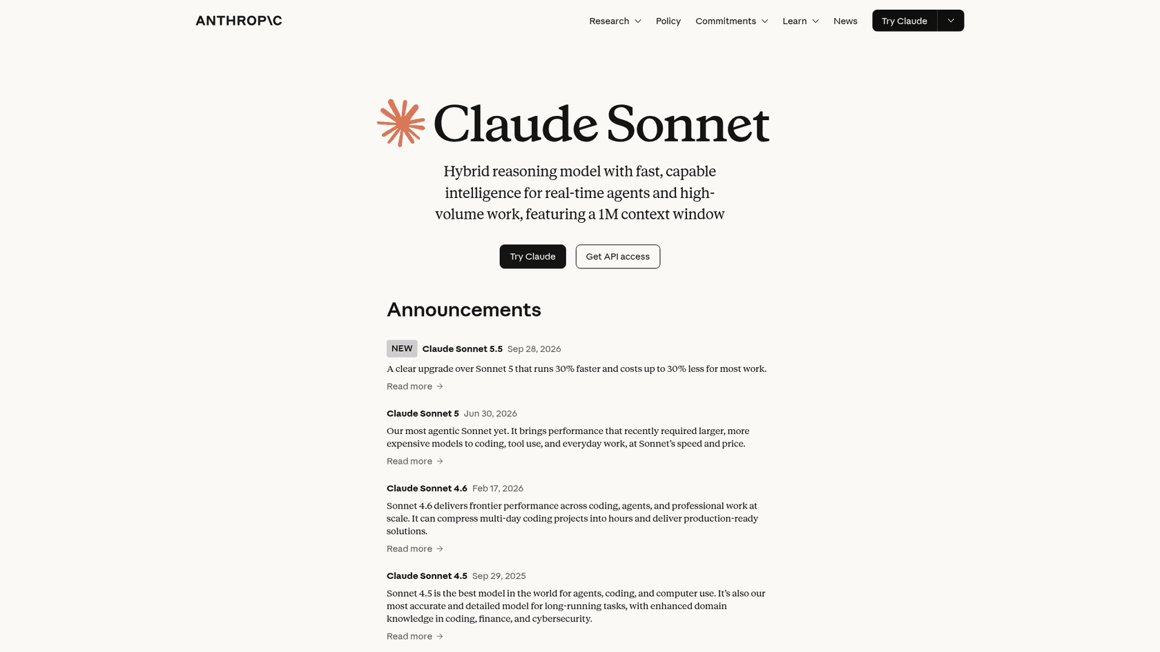 Anthropic's Claude Sonnet page listing Claude Sonnet 5.5 as new on September 28, 2026, described as a clear upgrade over Sonnet 5 that runs 30% faster and costs up to 30% less for most work, as taken from Anthropic