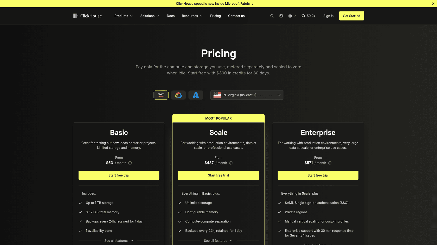 ClickHouse Cloud pricing page showing Basic, Scale and Enterprise plans, as taken from the vendor