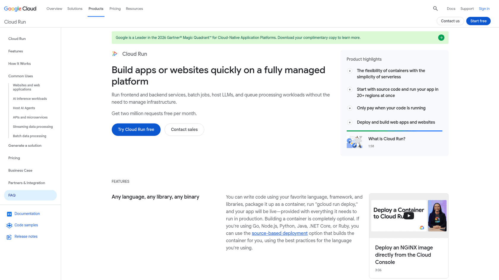 Cloud Run product page, as taken from Google Cloud