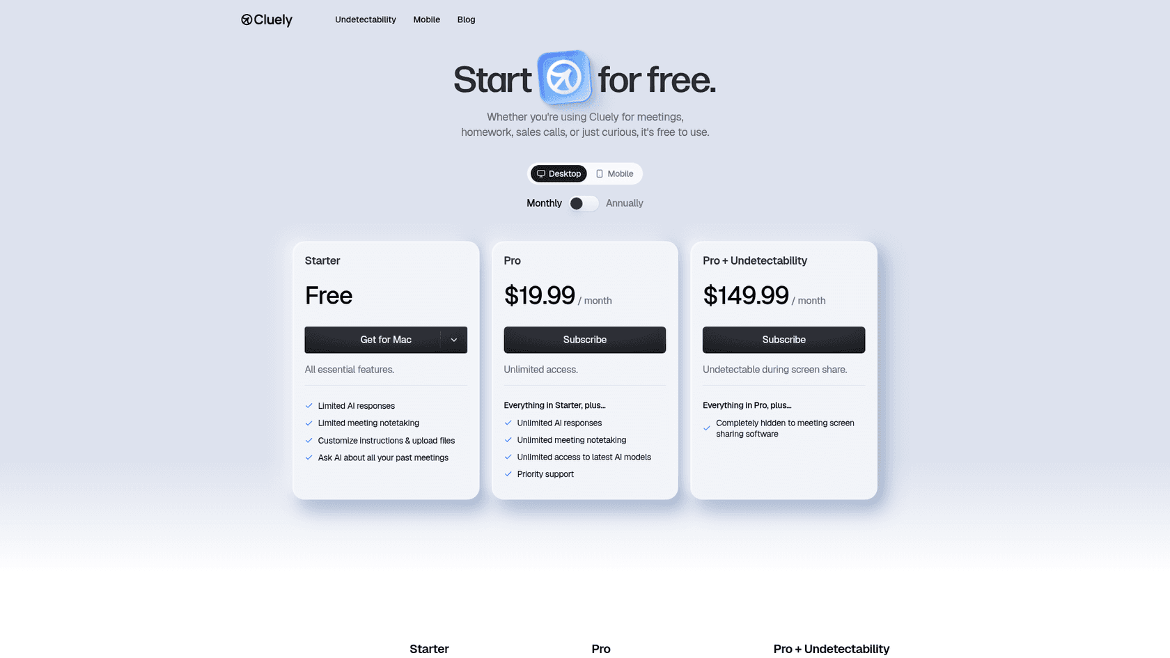 Cluely's pricing page listing a free Starter plan, Pro at $19.99 per month, and Pro + Undetectability at $149.99 per month, as taken from Cluely
