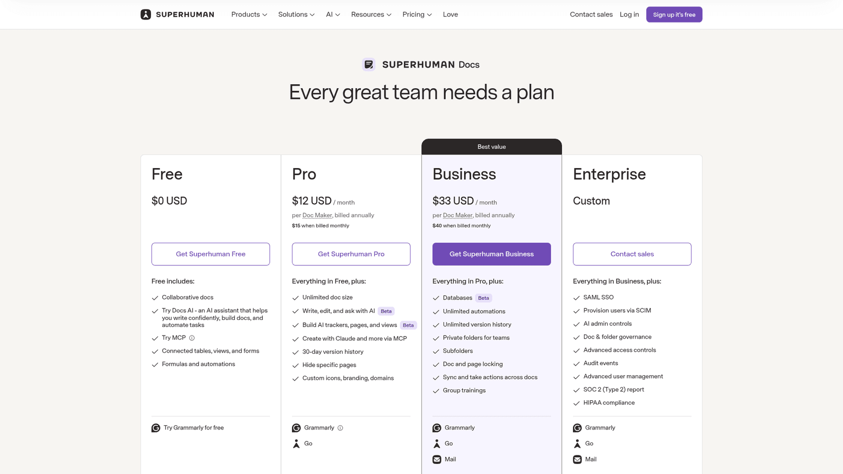 The Superhuman Docs plans page showing Free, Pro $12, Business $33 and Enterprise, as taken from Superhuman