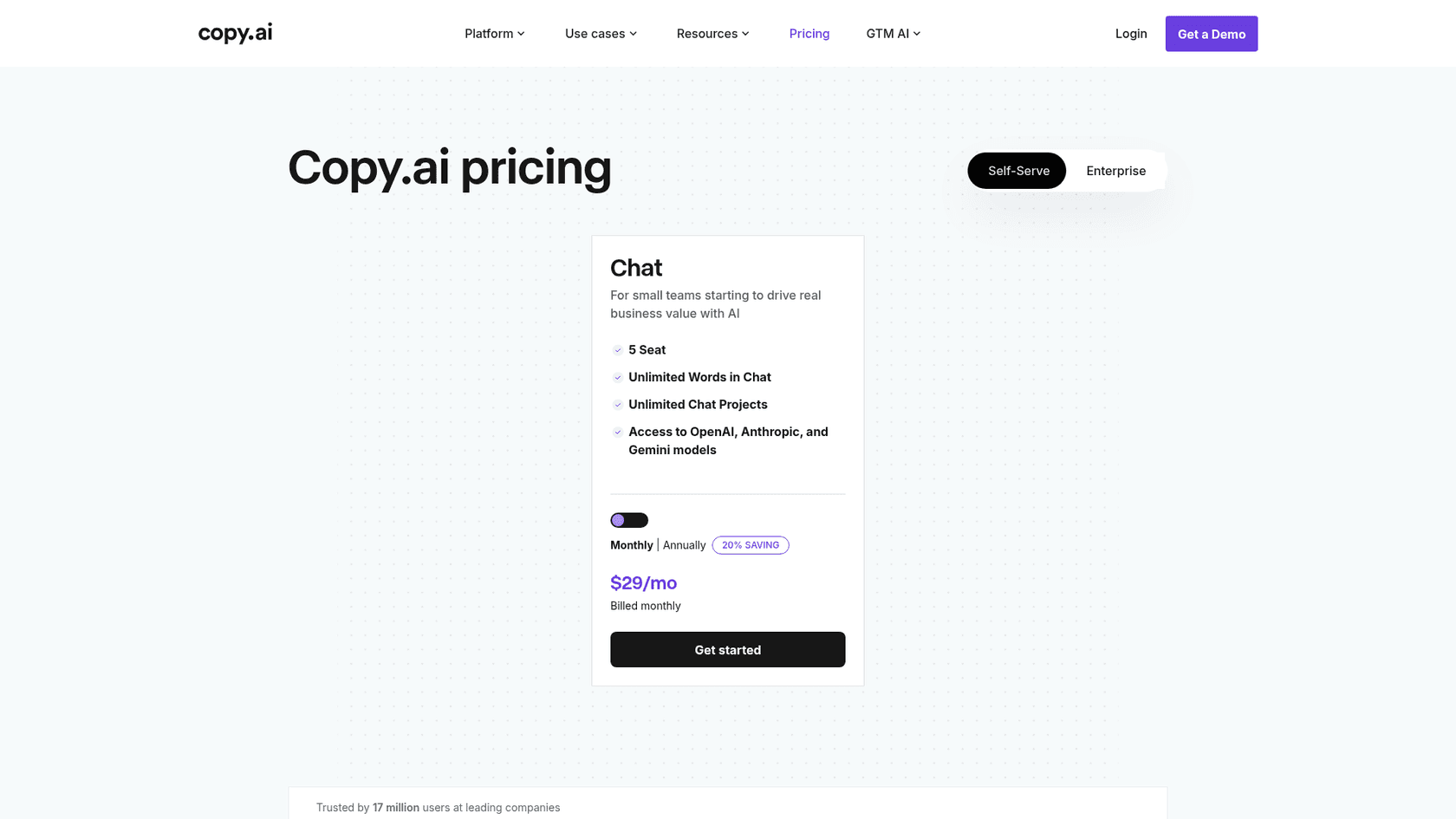 Copy.ai pricing page showing the Chat plan at $29 per month, as taken from Copy.ai