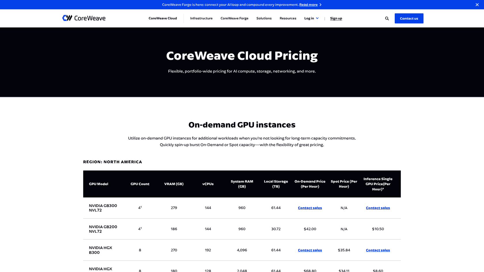 CoreWeave's official pricing page showing on-demand GPU instances with on-demand and spot prices, as taken from CoreWeave