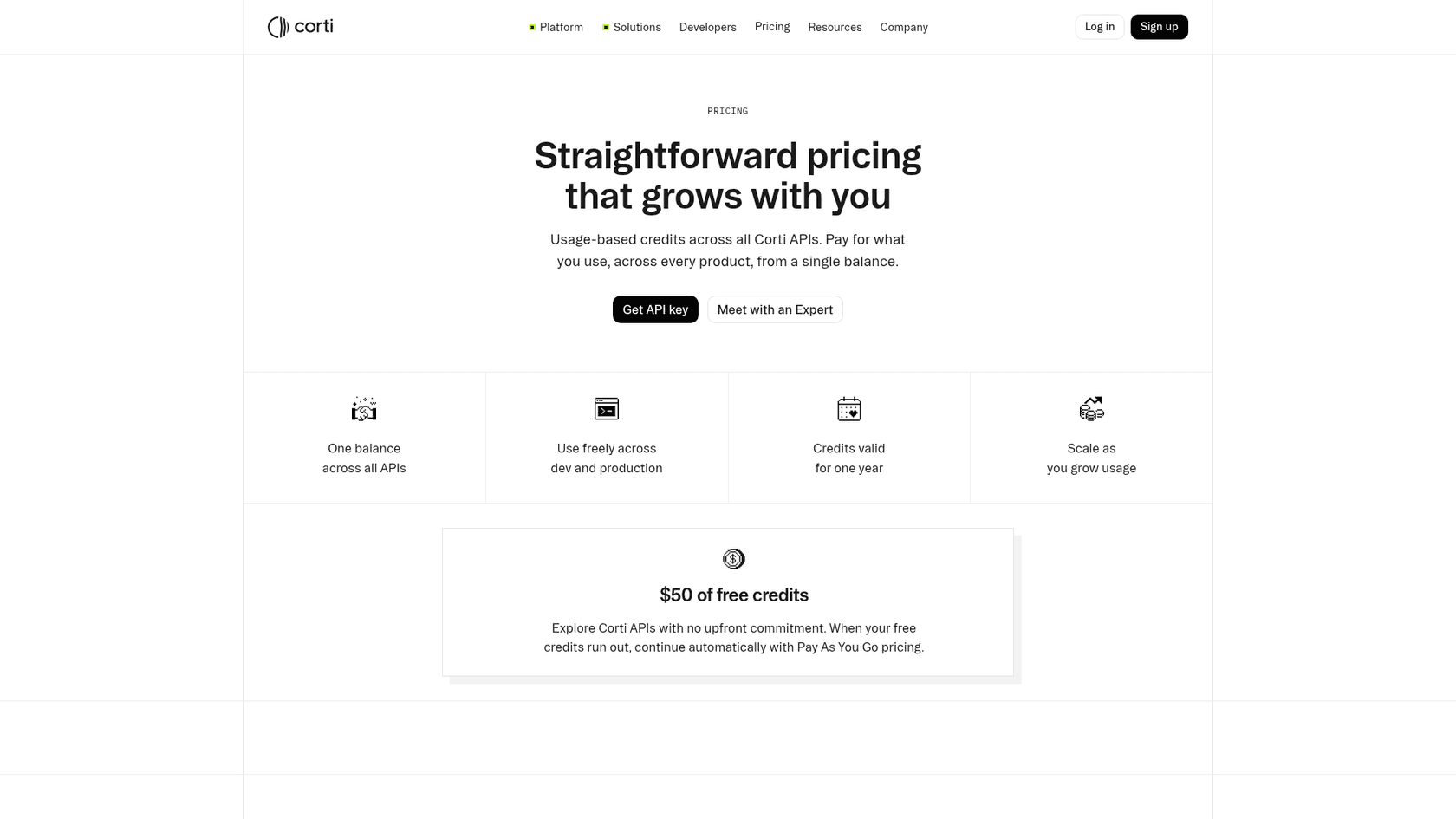 Corti pricing page showing usage-based credits and $50 of free credits, as taken from Corti