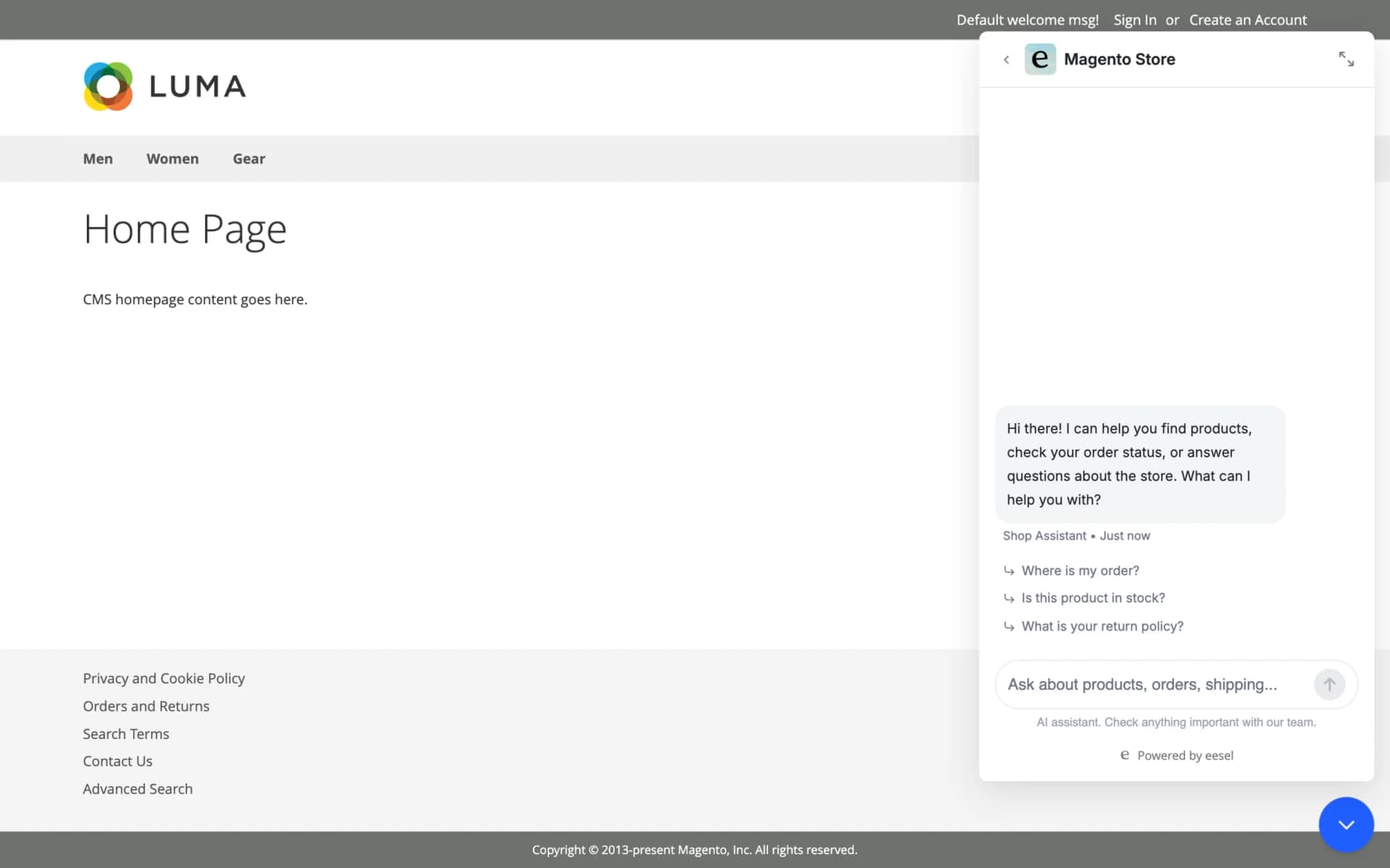 A Magento storefront with the eesel chat bubble open on a fresh chat, showing a welcome message and three starter questions, as taken from eesel docs