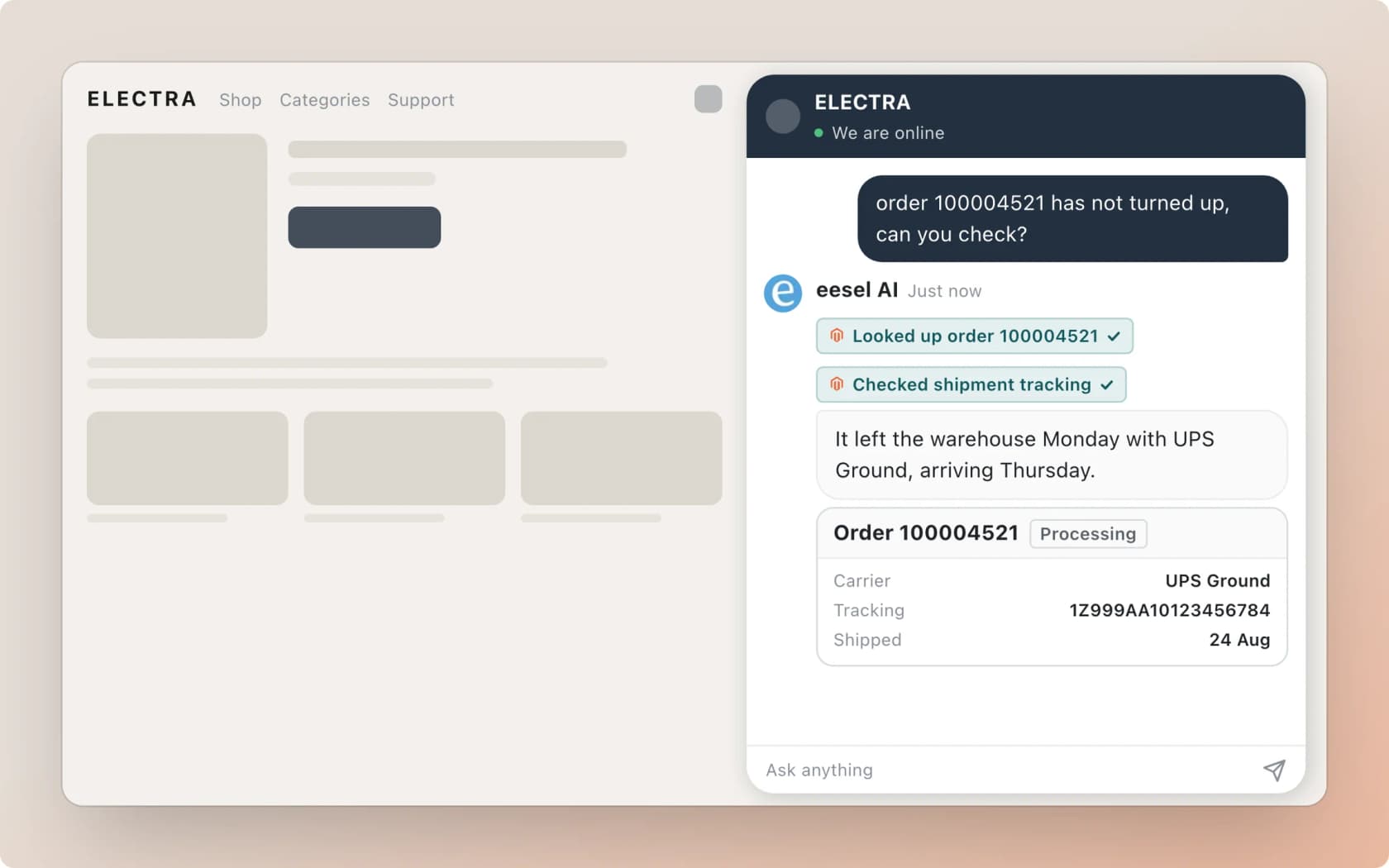 The eesel chat bubble on a storefront looking up a Magento order and showing carrier, tracking number and ship date, as taken from eesel docs