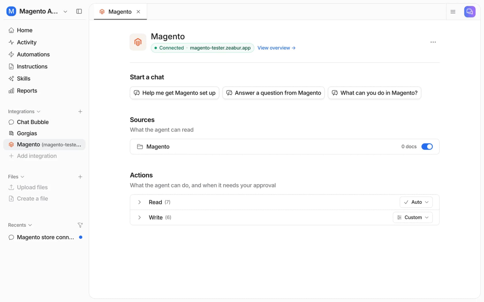 The eesel Magento integration page showing the connected store and the Read and Write action groups, as taken from eesel docs