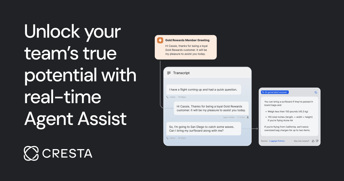 Cresta Agent Assist hero showing the in-conversation AI sidebar layout