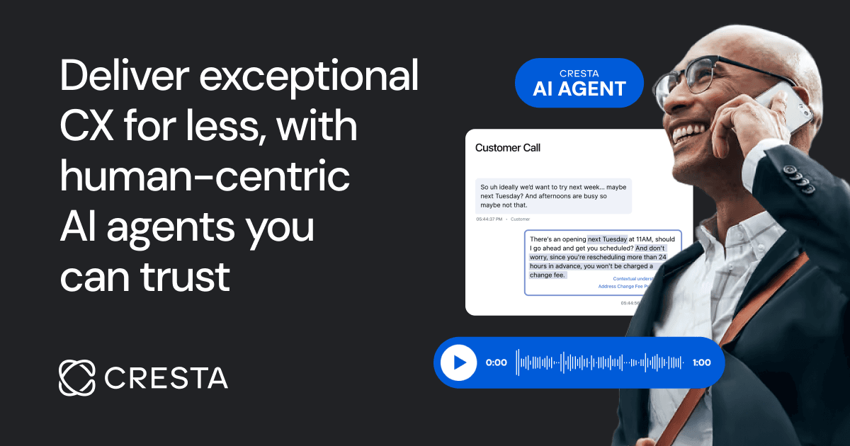 Cresta AI Agent hero illustration showing a multi-channel AI agent interface