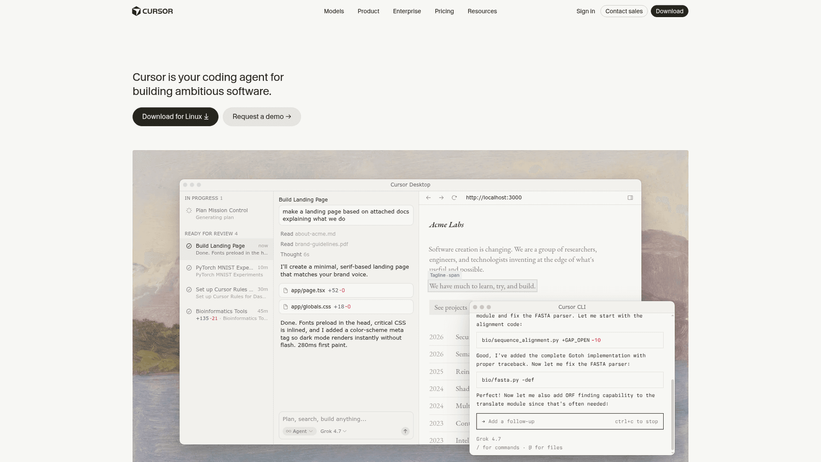 The Cursor landing page, an AI-first code editor, as taken from Cursor.