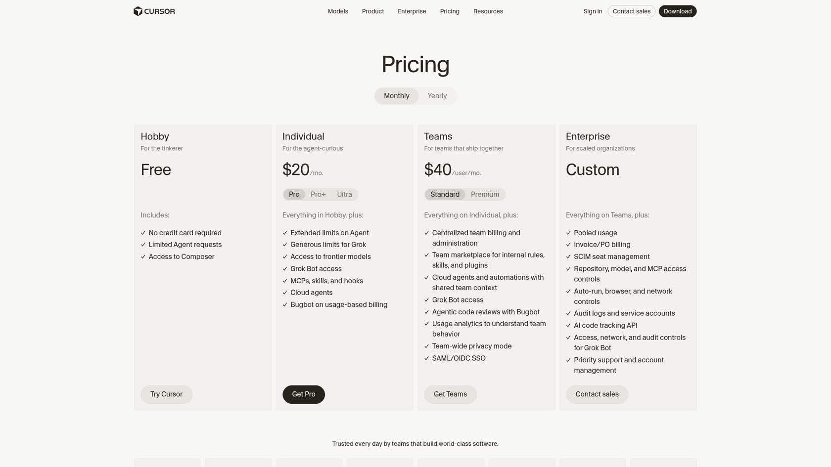 Cursor's pricing page showing the Hobby, Individual, Teams and Enterprise plans, as captured from Cursor in October 2026